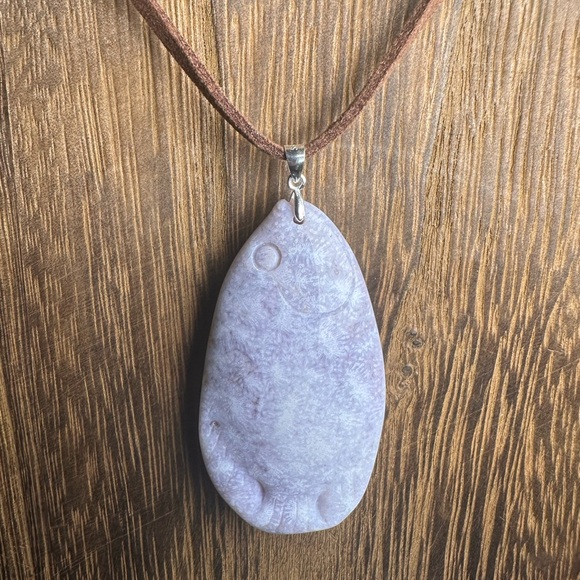 Jewelry - Ice Purple Coral Fossil Jade Fish Pendant Necklace on Brown Faux Suede